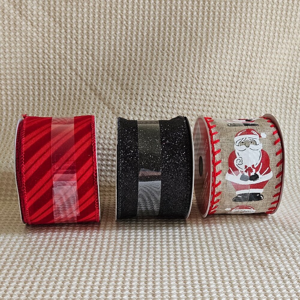 Ashland Christmas Set of‎ 3 Wired Ribbons - Glittery Black, Striped Red & Santa